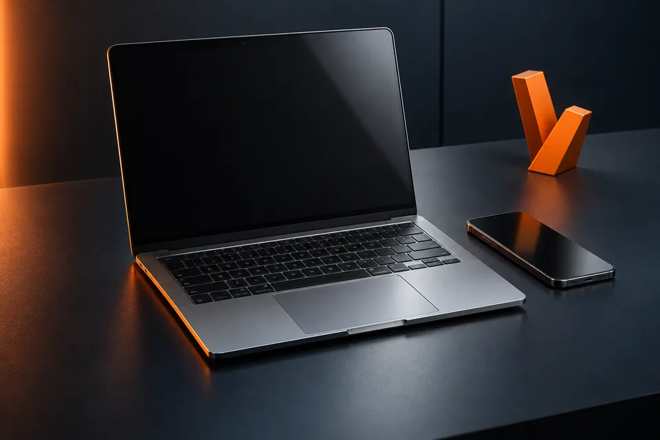 Unbranded laptop and smartphone on a dark studio surface