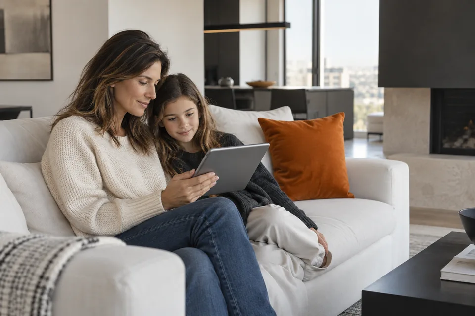 A parent and child looking at a tablet together in a bright living room