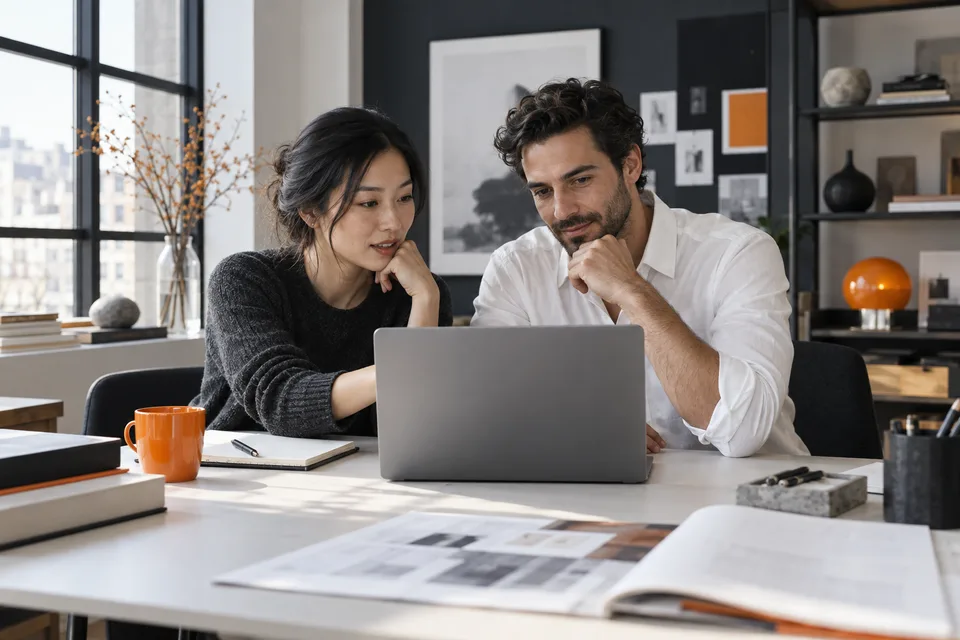 Two colleagues reviewing a laptop at a small studio workspace
