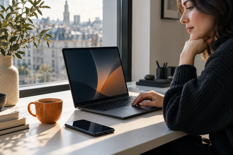 An adult using a laptop at a sunlit home workspace